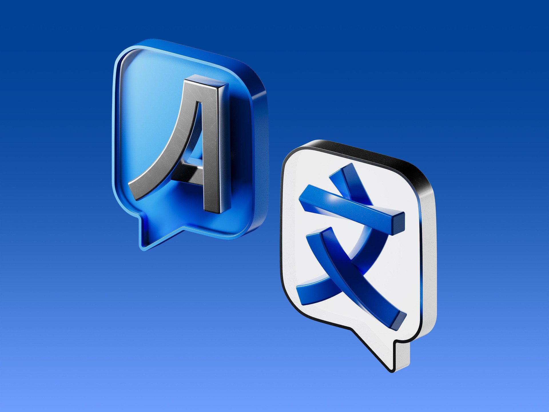 3D render icon of speech bubbles with Latin and Asian characters. Represents translation, multilingual communication, language learning and global accessibility.
